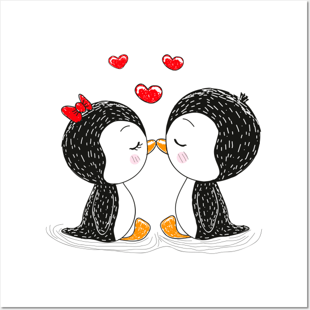 Two cute penguin lovers kiss Wall Art by Reginast777